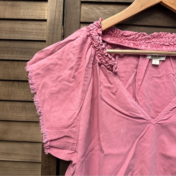 Relaxed Old Rose Plain Boho Neutral Chic Cuffed Sleeve‎ Smocked Blouse Sz L - Picture 5 of 11